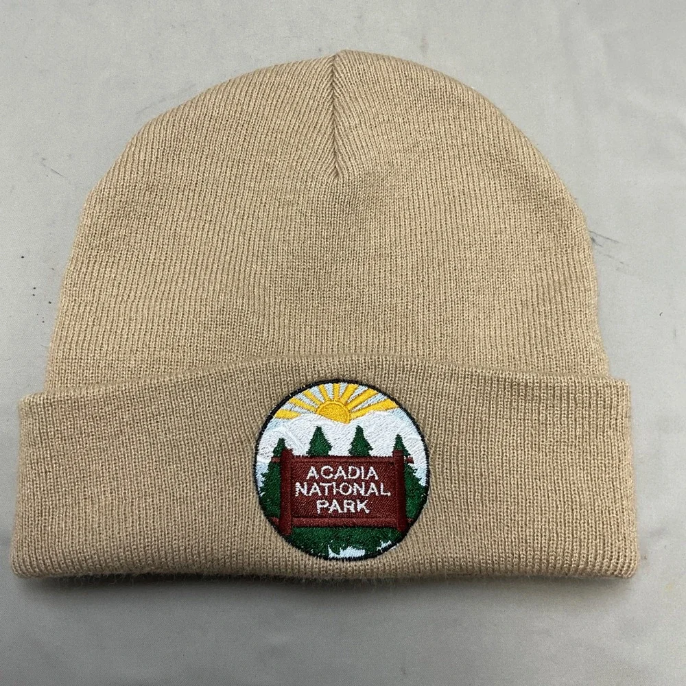 Crazy Apparel Acadia National Park Beanie Men OS Tan Excellent Embroidered Patch